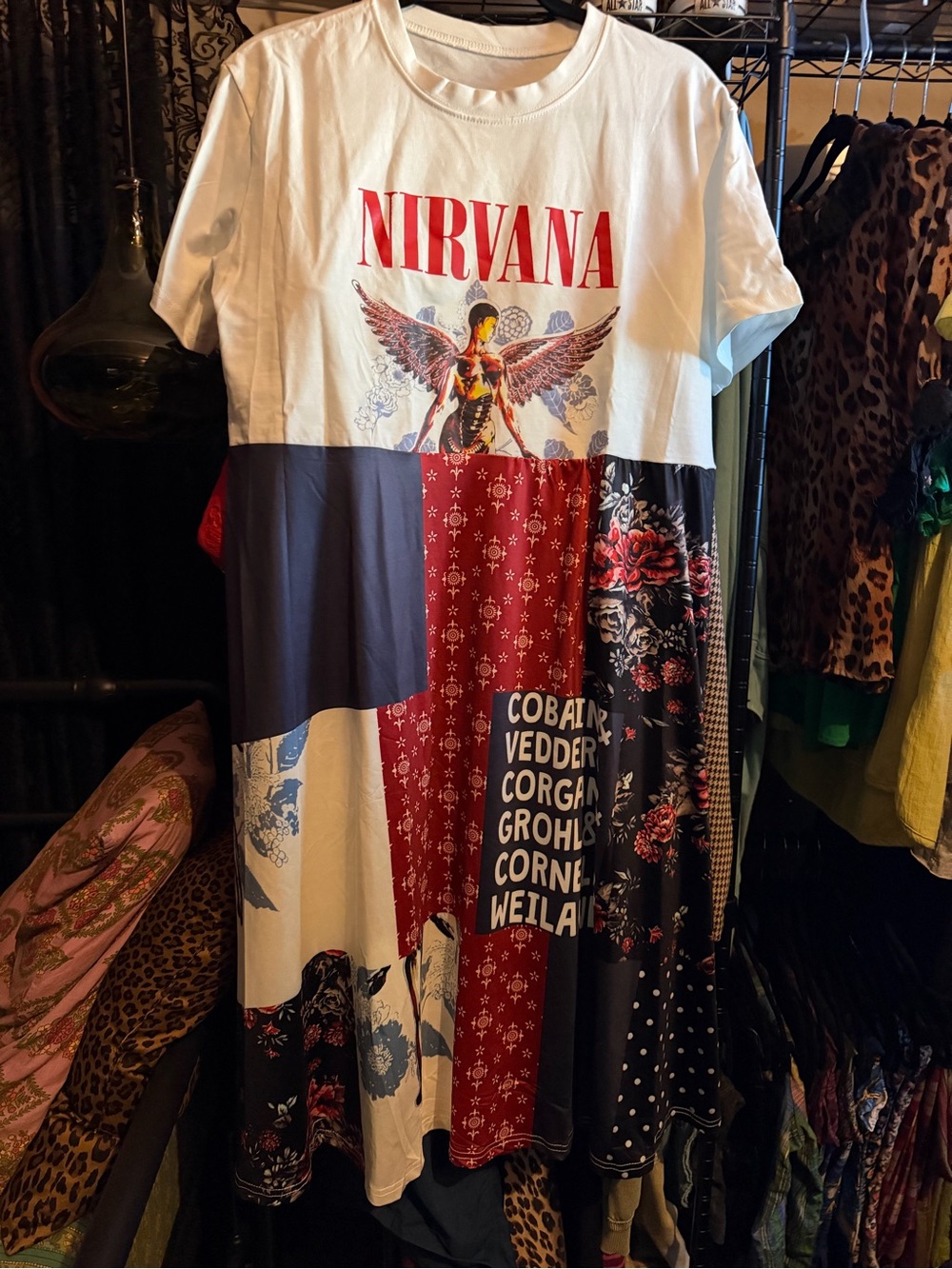 Brand new not worn Nirvana Patchwork Midi Dress - White & Red Graphic